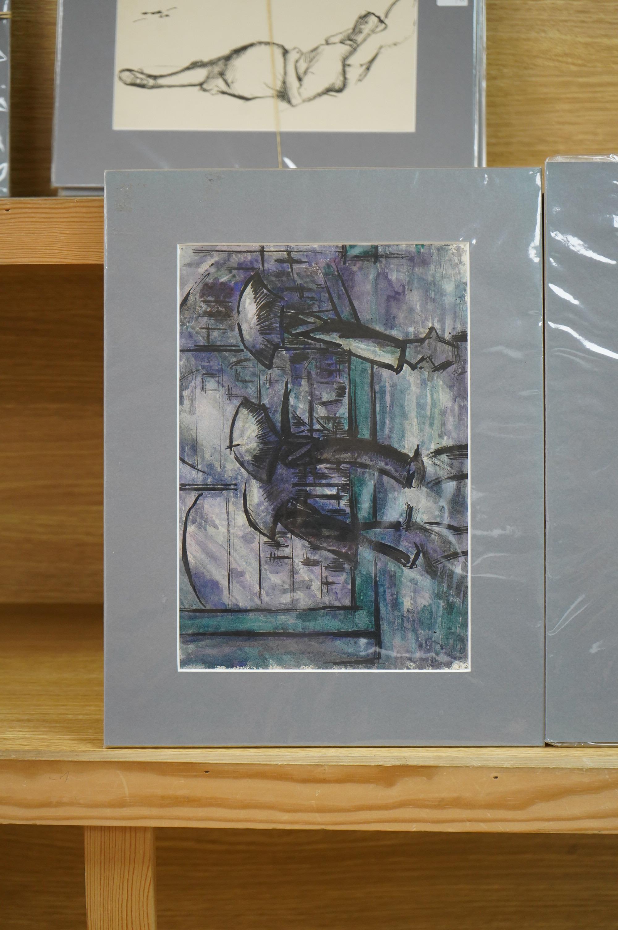Harold Hope Read (1881-1959), ‘Figures in the rain’, ‘Brushing the leaves’ and ‘Outdoor Scene’, one signed, each with Bowden Fine Art labels verso, three ink and watercolours on paper, mounted, unframed, largest 28 x 19c